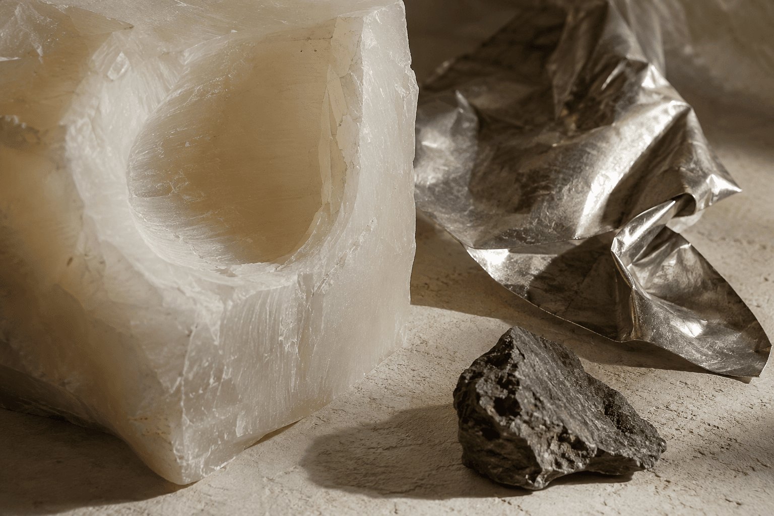 ASERTI material study — sculptural wax, reflective metal and stone
